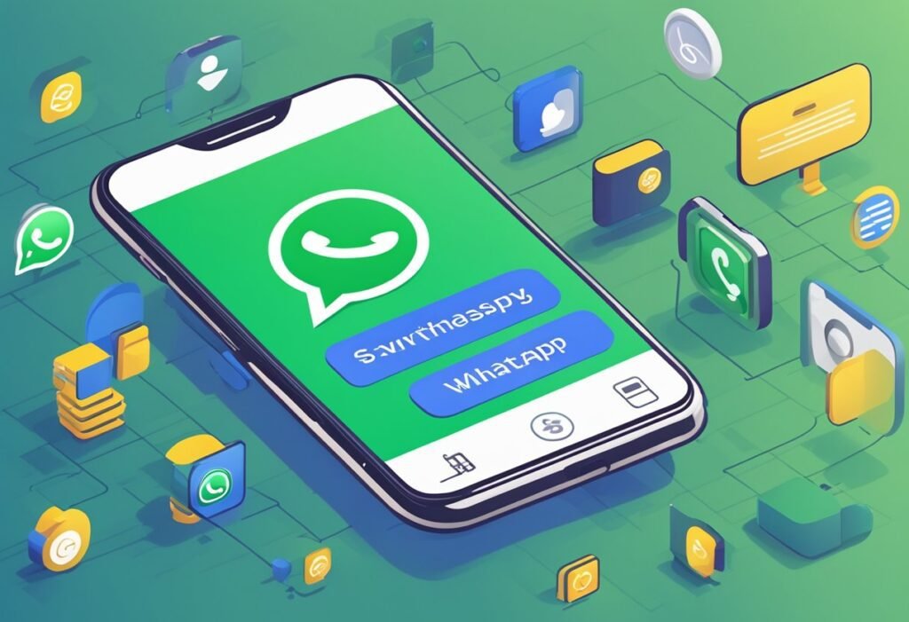 Smartphone with the WhatsApp logo surrounded by data and document icons, illustrating data analysis with AI