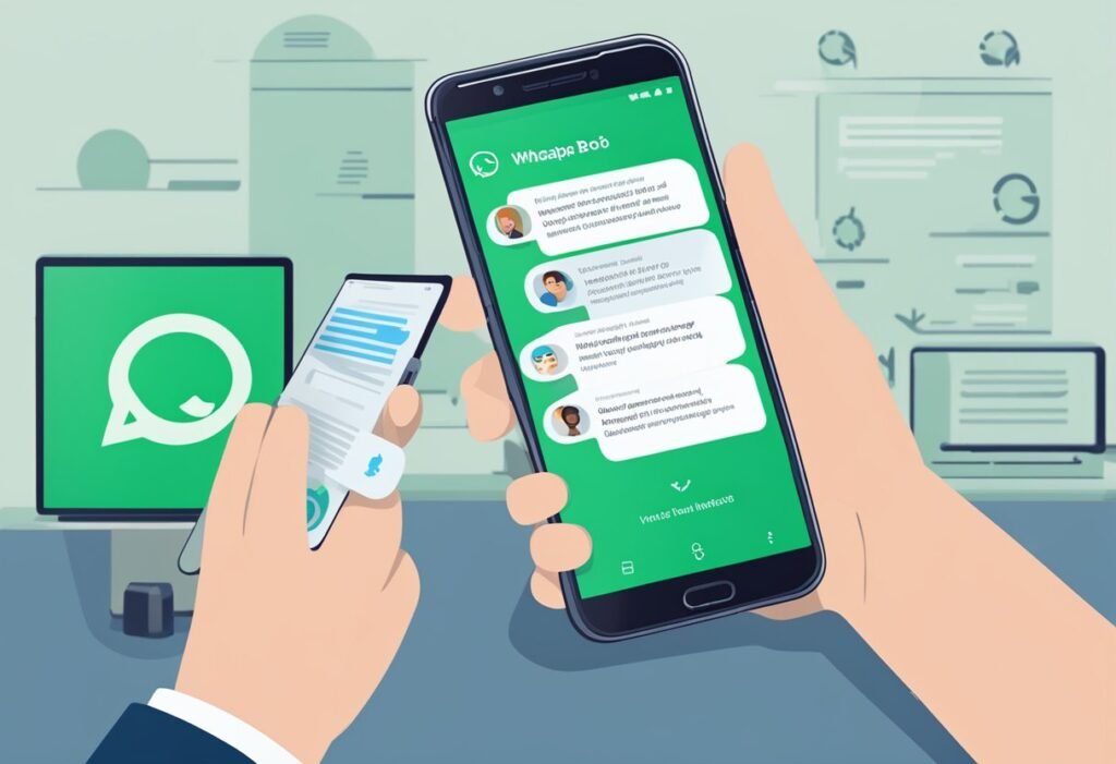 Hands holding smartphones with a WhatsApp conversation in an office setting, illustrating AI success stories