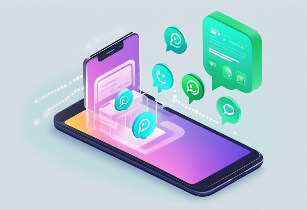 Smartphone with WhatsApp chat bubbles floating above the screen, illustrating smart chatbots