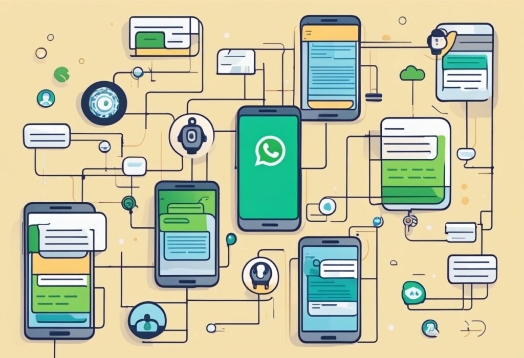 Flowchart with several phones and the WhatsApp icon connected by lines, illustrating AI challenges in customer service