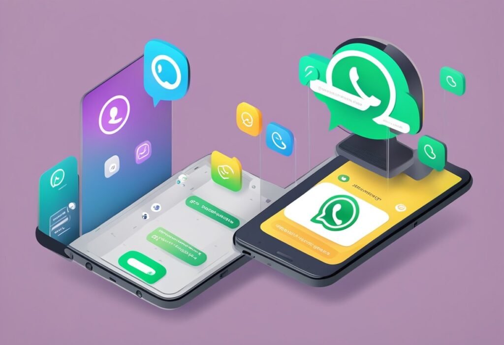 Two smartphones with WhatsApp icons and interface cards, illustrating the user experience in customer service