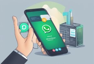 Mão segurando smartphone com ícone do WhatsApp e servidores ao fundo, ilustrando IA no atendimento via WhatsApp