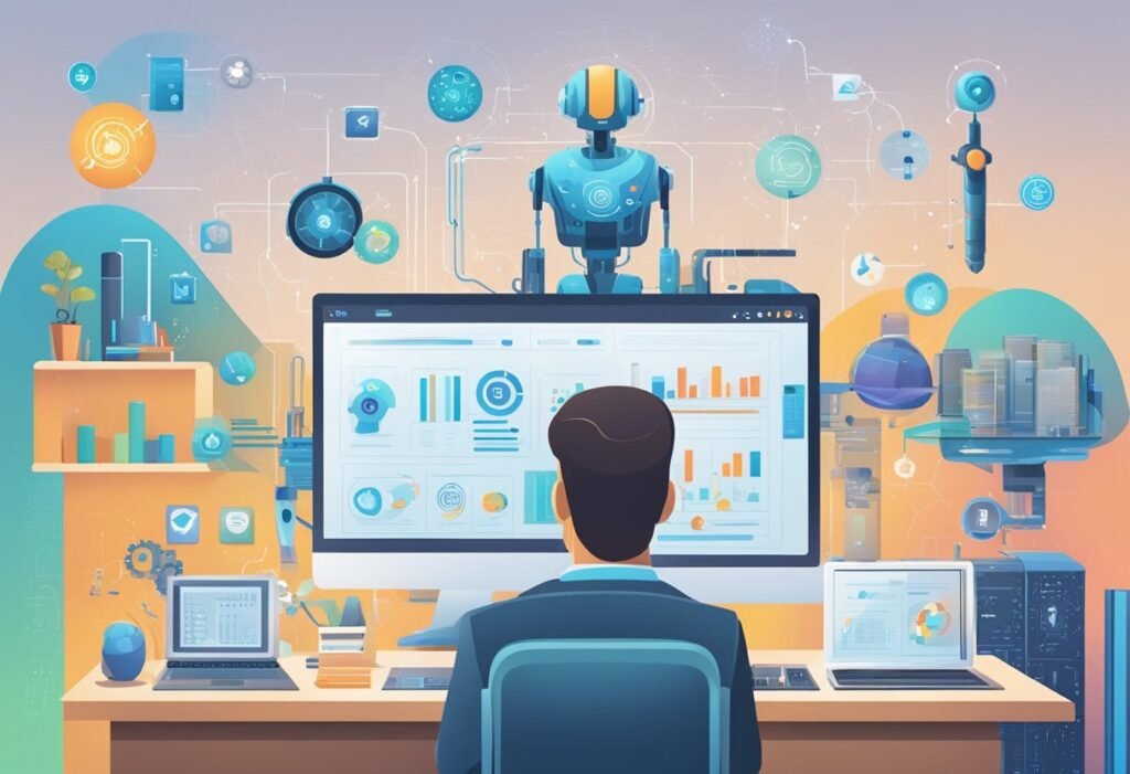 Profissional diante de monitor com dashboards e ícones de tecnologia representando o uso das melhores IAs no trabalho