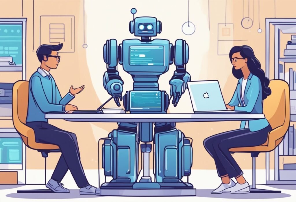 Duas pessoas conversando em uma mesa com um robô humanoide, representando a escolha das melhores IAs