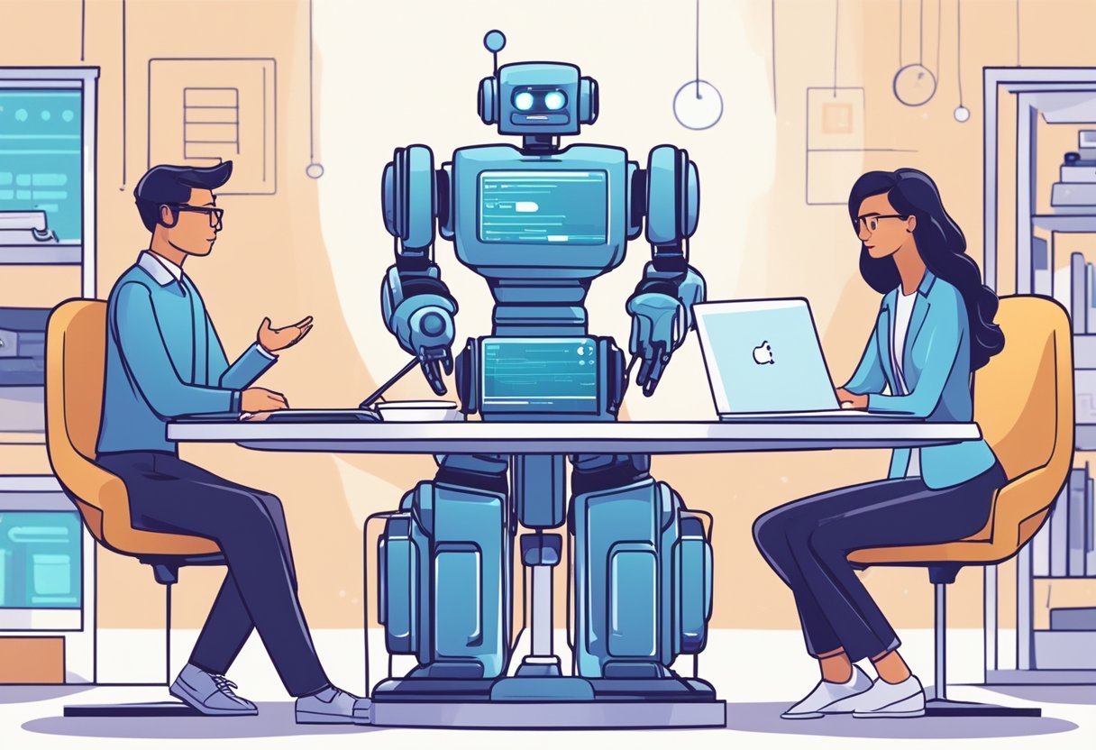 Duas pessoas conversando em uma mesa com um robô humanoide, representando a escolha das melhores IAs