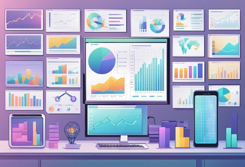 Painel com gráficos e smartphone ilustrando a comparação das melhores IAs disponíveis atualmente