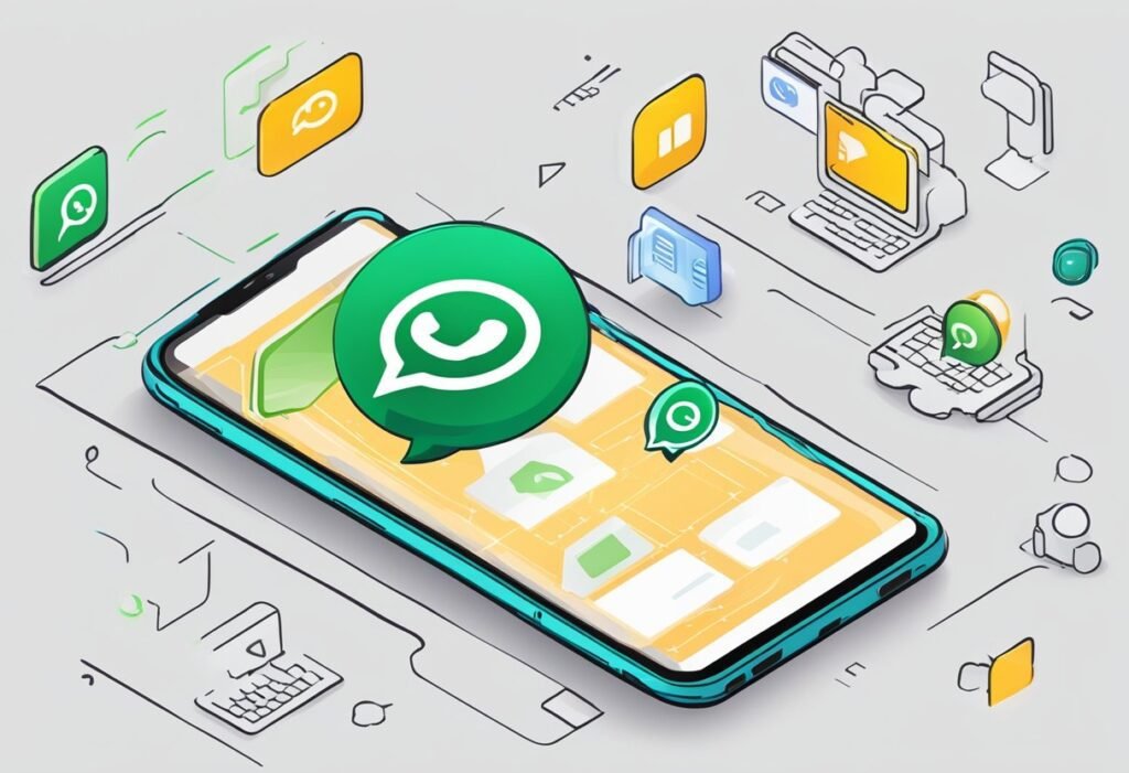 Smartphone lying flat with the WhatsApp logo highlighted and app icons around it, illustrating common questions