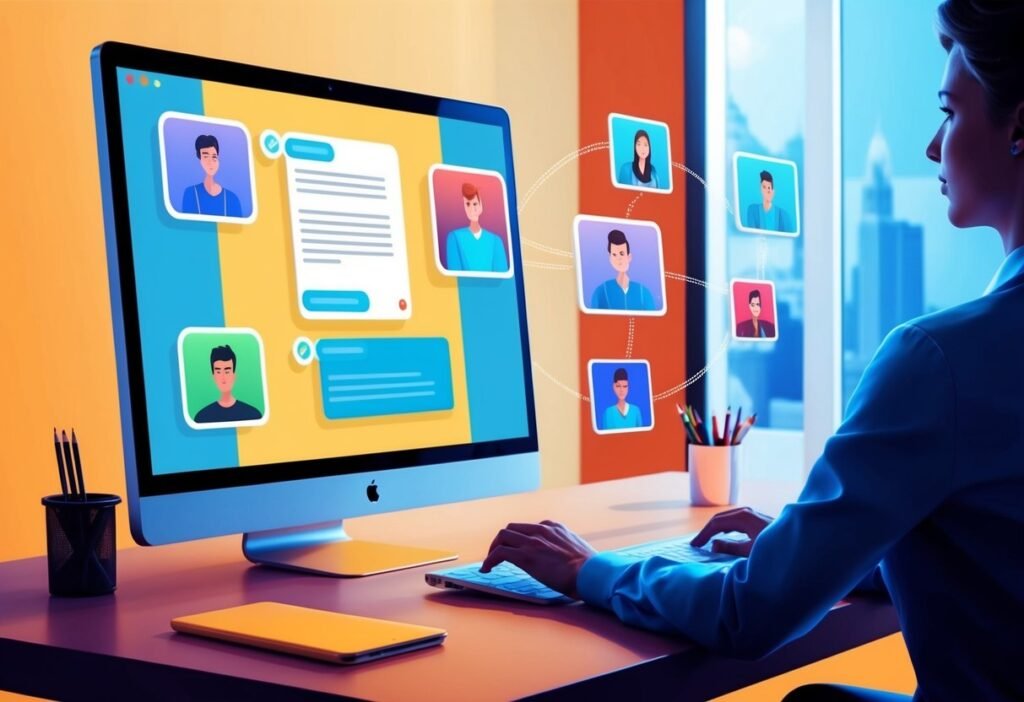 Woman using a computer with profiles and messages on screen, connected to floating customer avatars