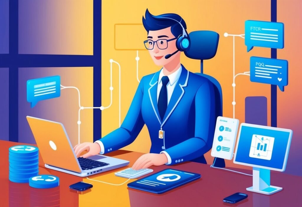 Atendente de terno e headset em notebook com balões de mensagem ao redor, ilustrando perguntas frequentes sobre suporte