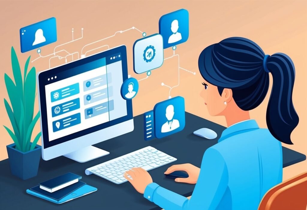Atendente em computador com ícones de perfis de clientes conectados, ilustrando a importância da automação no suporte