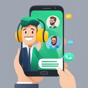 Mão segurando celular com atendente de headset saindo da tela e contatos em conversa no WhatsApp