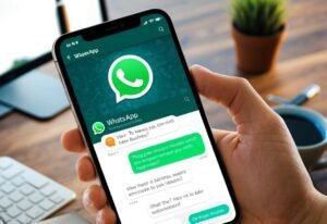 Mão segurando celular com conversa do WhatsApp e respostas automáticas sobre uma mesa de escritório