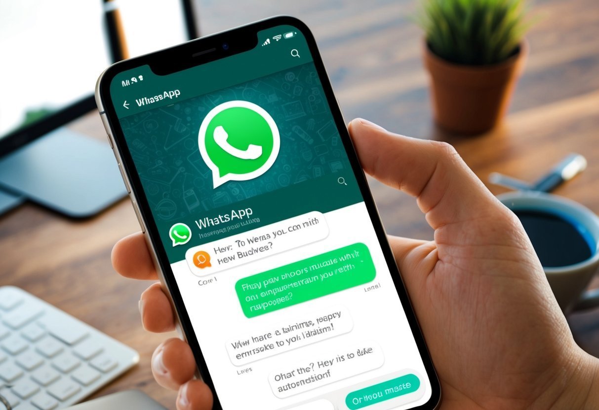 Mão segurando celular com conversa do WhatsApp e respostas automáticas sobre uma mesa de escritório