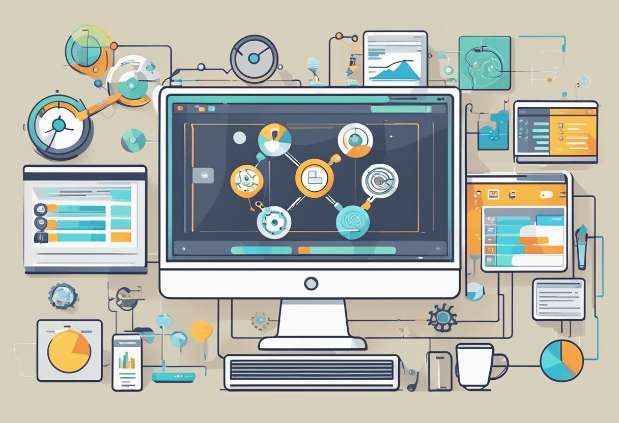 Monitor central conectado a gráficos, painéis e ícones de ferramentas de automação de marketing digital