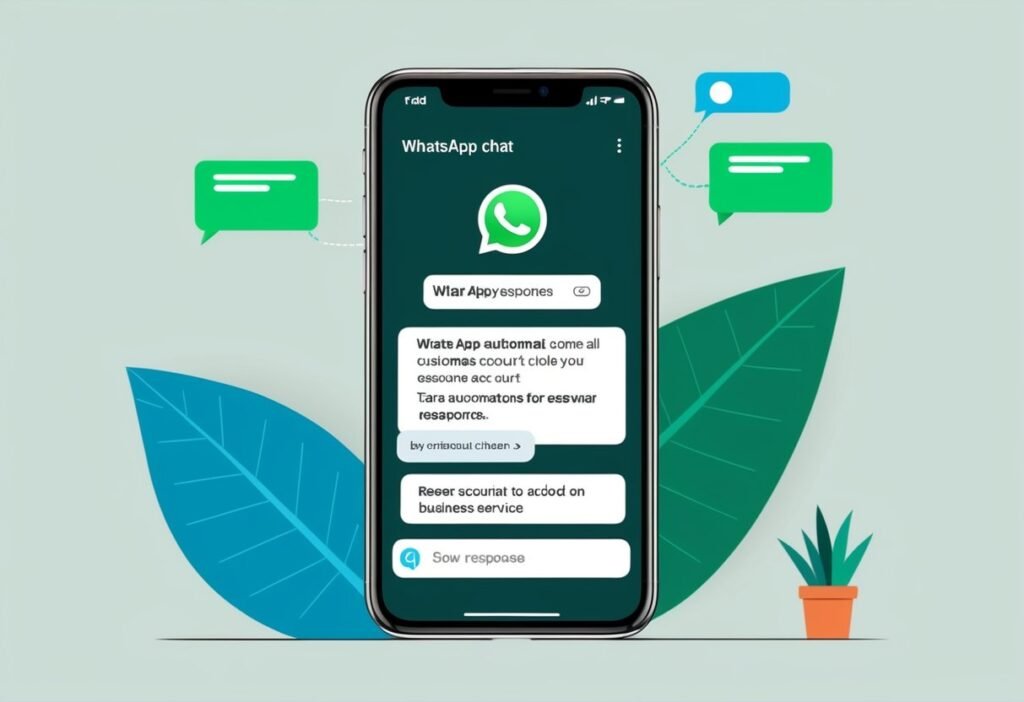 Smartphone with a WhatsApp conversation and automated replies among decorative leaves, illustrating the benefits of automation