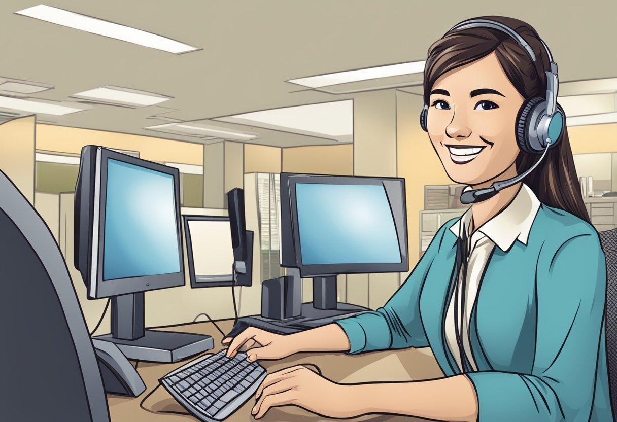 Atendente sorridente com headset digitando no computador, representando boas práticas de atendimento