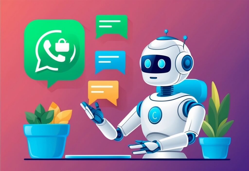 Smiling robot next to the WhatsApp icon and message bubbles, illustrating chatbots in automated customer service