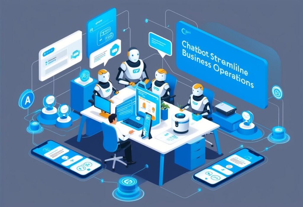 Robots working at an isometric office desk with screens and phones, illustrating operational efficiency with chatbots