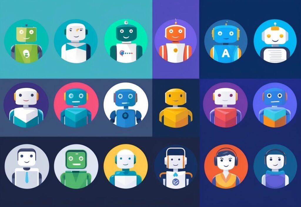 Grid of robot and agent avatars in colorful circles, representing AI chatbots across multiple channels
