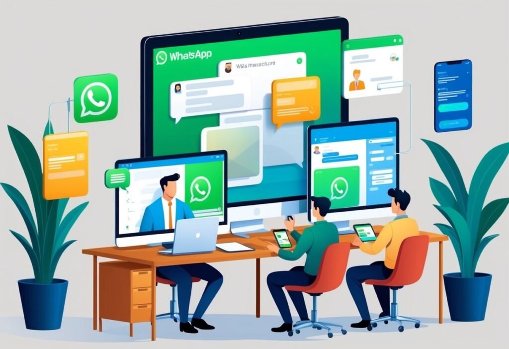 Team in an office working at computers with WhatsApp screens, illustrating rollout challenges