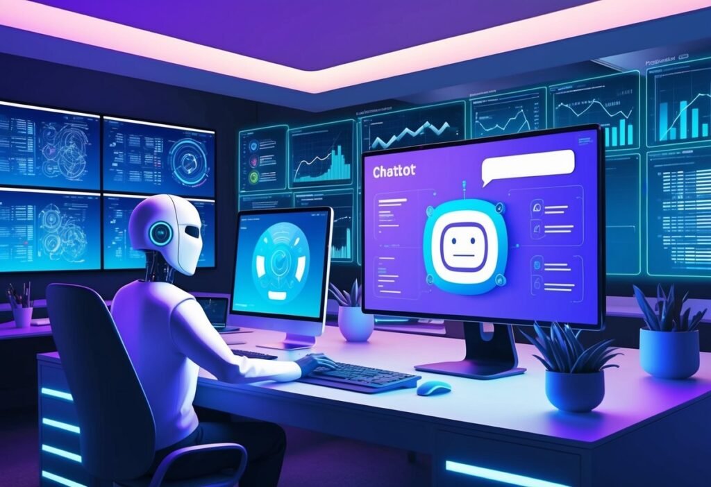 Robot seated in front of monitors with charts and a chatbot interface in a futuristic room with purple light