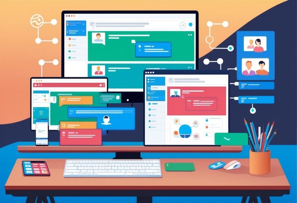 Monitor, notebook e celular com janelas de chat conectadas entre si, ilustrando integração de canais de suporte