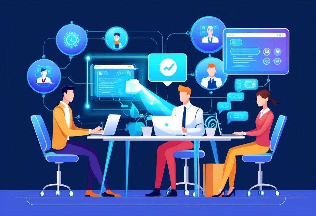 Equipe em mesa com notebooks conectada a ícones digitais e telas flutuantes, simbolizando tendências do suporte ao cliente