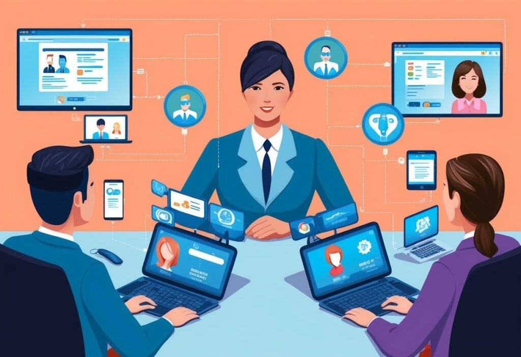 Gestora e dois atendentes em mesa com notebooks, cercados por telas e ícones de clientes, ilustrando ferramentas de suporte