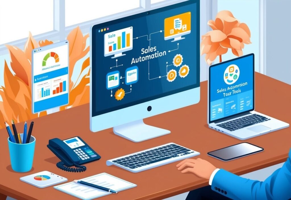 Desk with a monitor and laptop showing sales automation screens, a phone and charts, illustrating platform selection