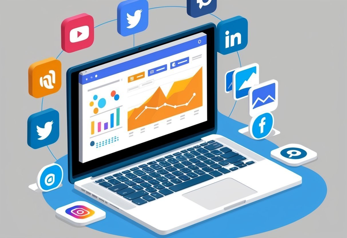Notebook com painel de marketing digital na tela, cercado por ícones de redes sociais e gráficos