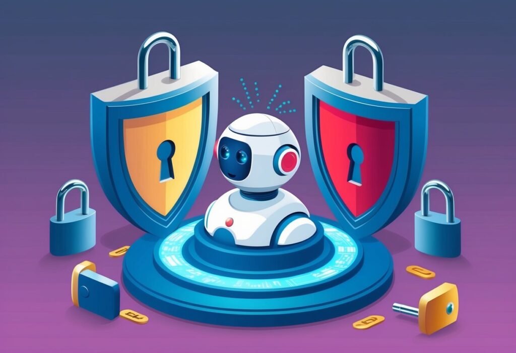 Small robot between two shields with padlocks and keys, symbolizing ethics, privacy, and security in AI chatbots