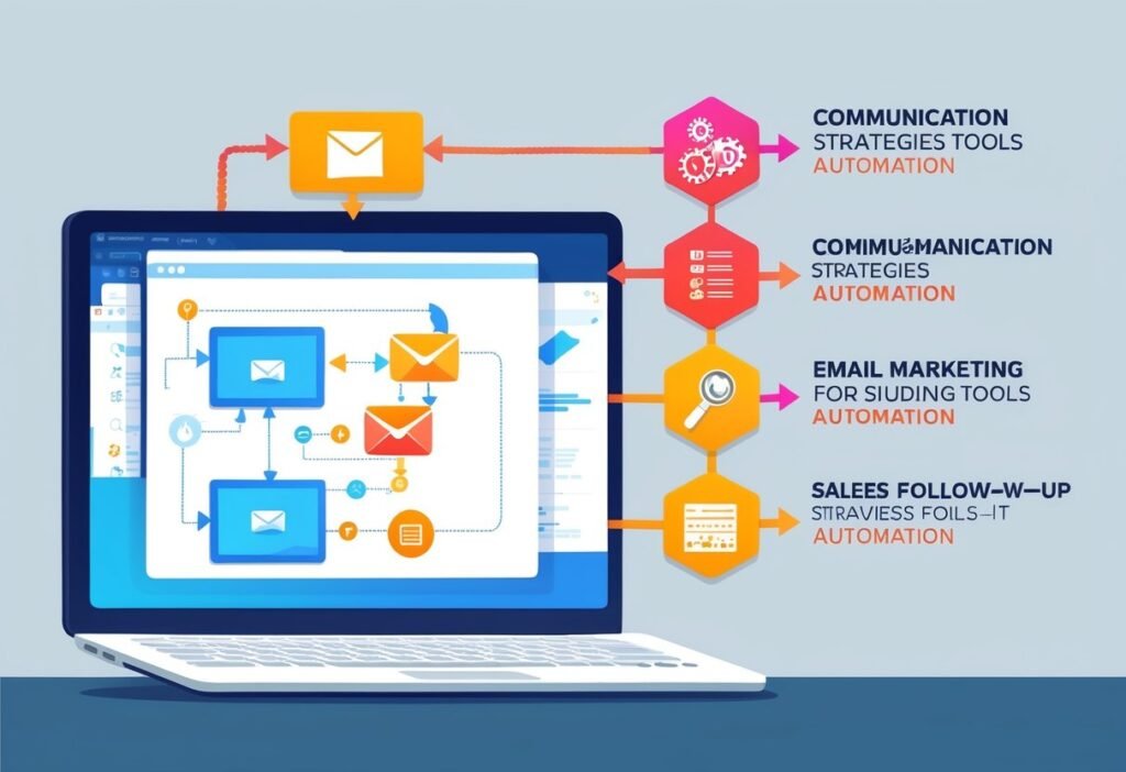 Laptop with a message flowchart and email icons connected to stages, illustrating communication and email marketing