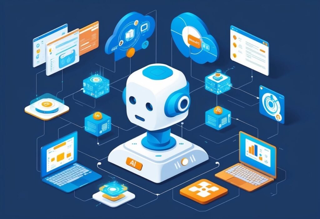 Robot with an AI badge at the center of a network of icons, laptops, and windows, illustrating AI fundamentals in chatbots