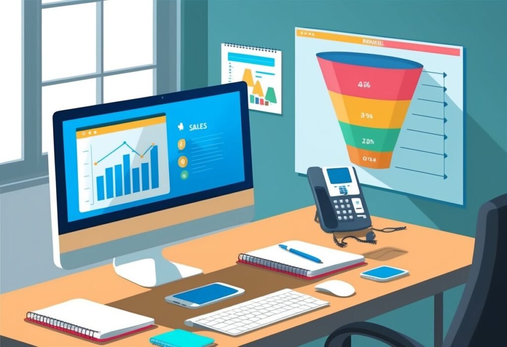 Desk with a chart monitor, phone and notebooks in front of a board with a colorful sales funnel
