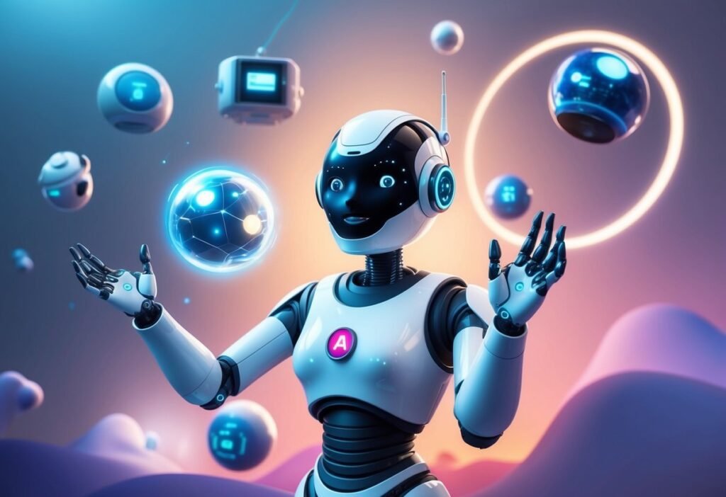 Humanoid robot with open gestures surrounded by floating spheres and devices, illustrating the future of chatbots