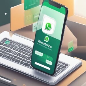 Smartphone com o ícone do WhatsApp apoiado sobre notebook, ilustrando inteligência artificial integrada ao WhatsApp