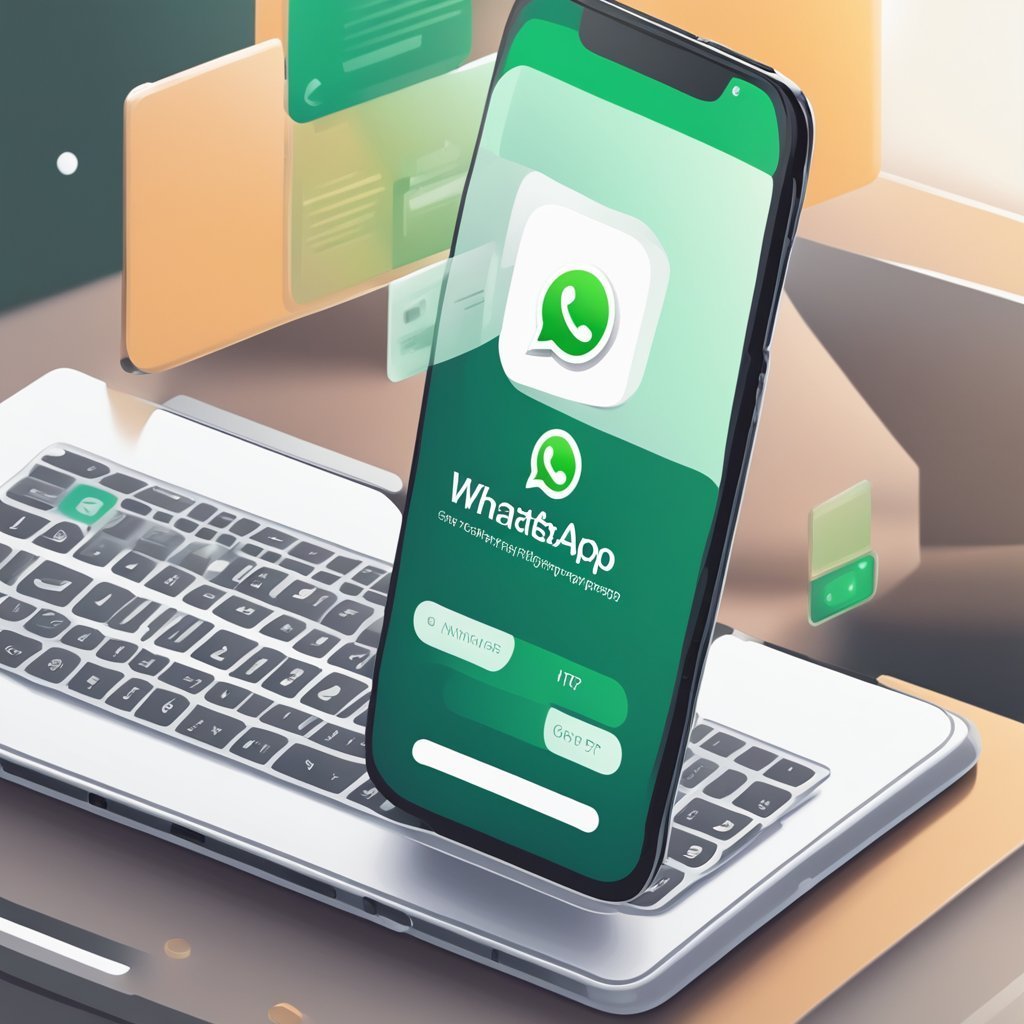 Smartphone com o ícone do WhatsApp apoiado sobre notebook, ilustrando inteligência artificial integrada ao WhatsApp
