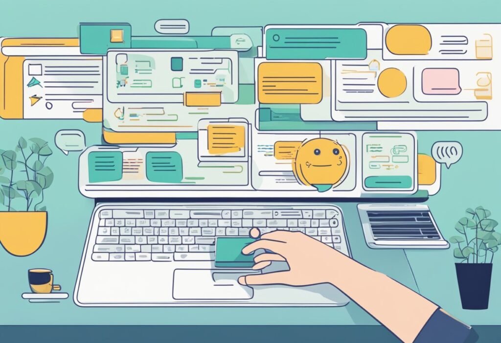 Uma tela de computador exibindo uma interface de chatbot com várias bolhas de conversa e campos de entrada. A mão de um engenheiro é vista digitando em um teclado, trabalhando no desenvolvimento do chatbot.