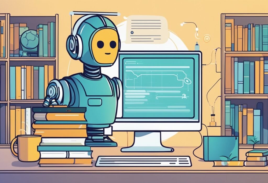 Uma tela de computador exibindo um chatbot conversando com um usuário, cercada por livros sobre inteligência artificial e aprendizado de máquina.