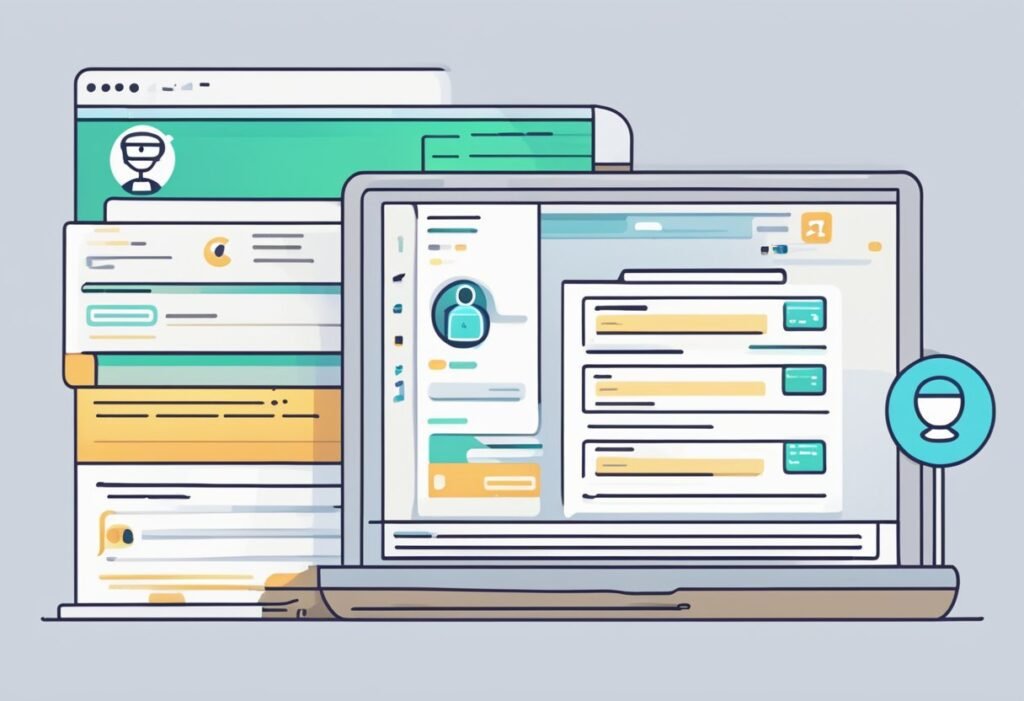 Uma tela de computador exibindo uma interface de chatbot com uma lista de perguntas frequentes e uma barra de pesquisa