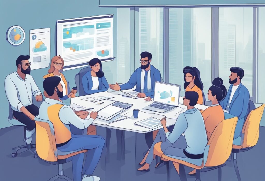 Um grupo de profissionais fazendo uma sessão de brainstorming e colaborando no desenvolvimento de chatbots bem-sucedidos, compartilhando melhores práticas e estudos de caso da vida real.