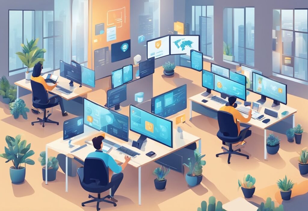 Um ambiente de escritório moderno com várias telas de computador exibindo diferentes designs e tecnologias de chatbot. Uma equipe de profissionais discutindo e trocando ideias.