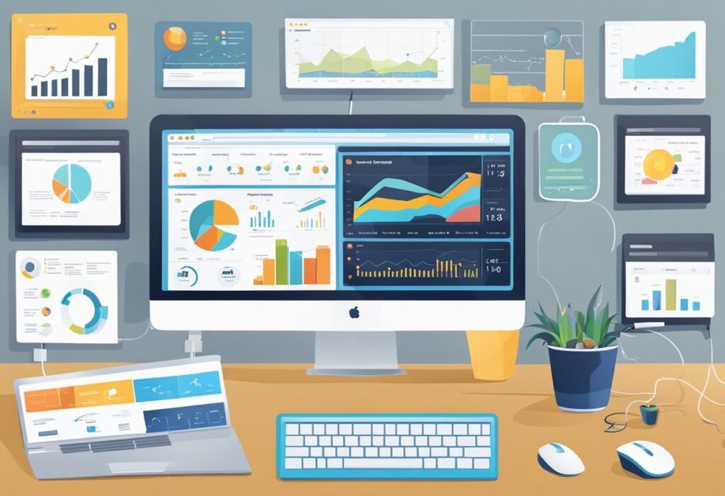 Uma tela de computador exibindo um painel de automação de marketing digital com vários gráficos e tabelas, cercada por um teclado e um mouse em uma mesa