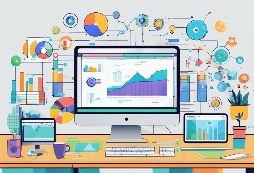 Um monitor de computador exibindo uma variedade de ferramentas e estratégias de automação de marketing digital, com gráficos e tabelas coloridos representando a geração de leads.