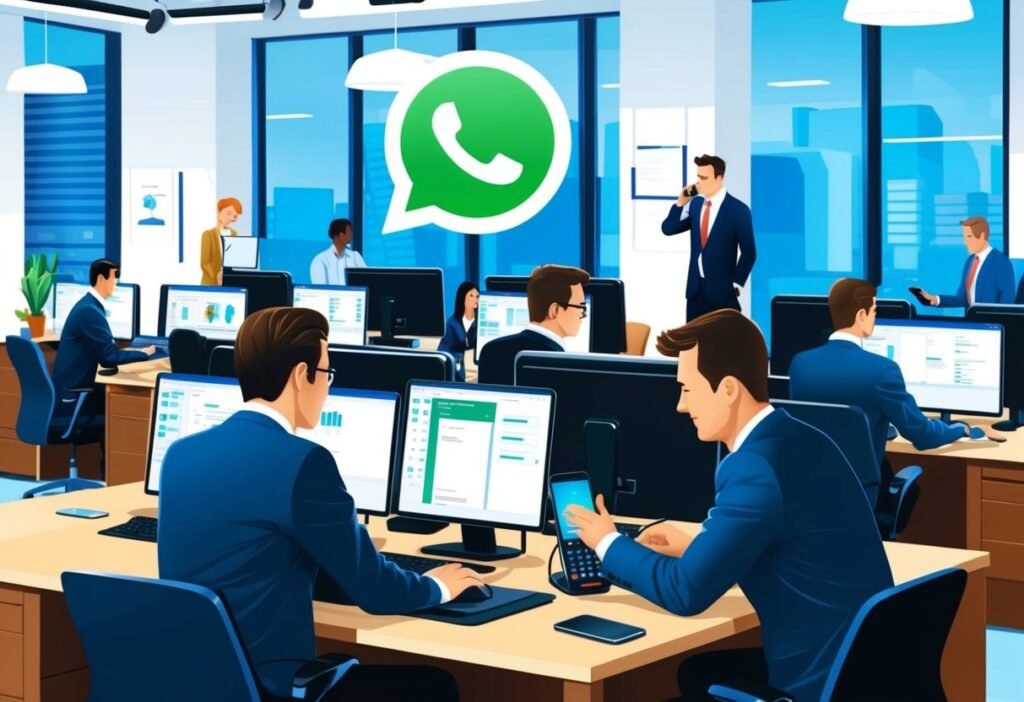 Um escritório movimentado com funcionários usando computadores e telefones, com o logotipo da API do WhatsApp Business exibido de forma proeminente em uma tela.