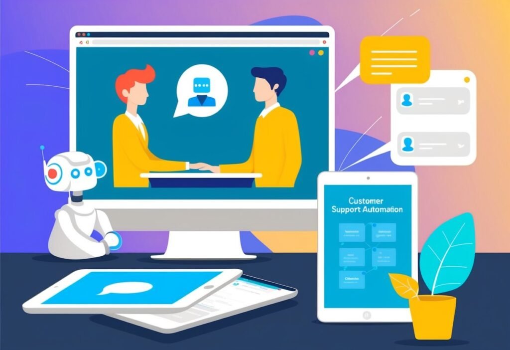 Uma cena de automação de suporte ao cliente: uma tela de computador exibindo um chatbot auxiliando um cliente, enquanto um telefone e um tablet mostram opções de resposta automatizadas.