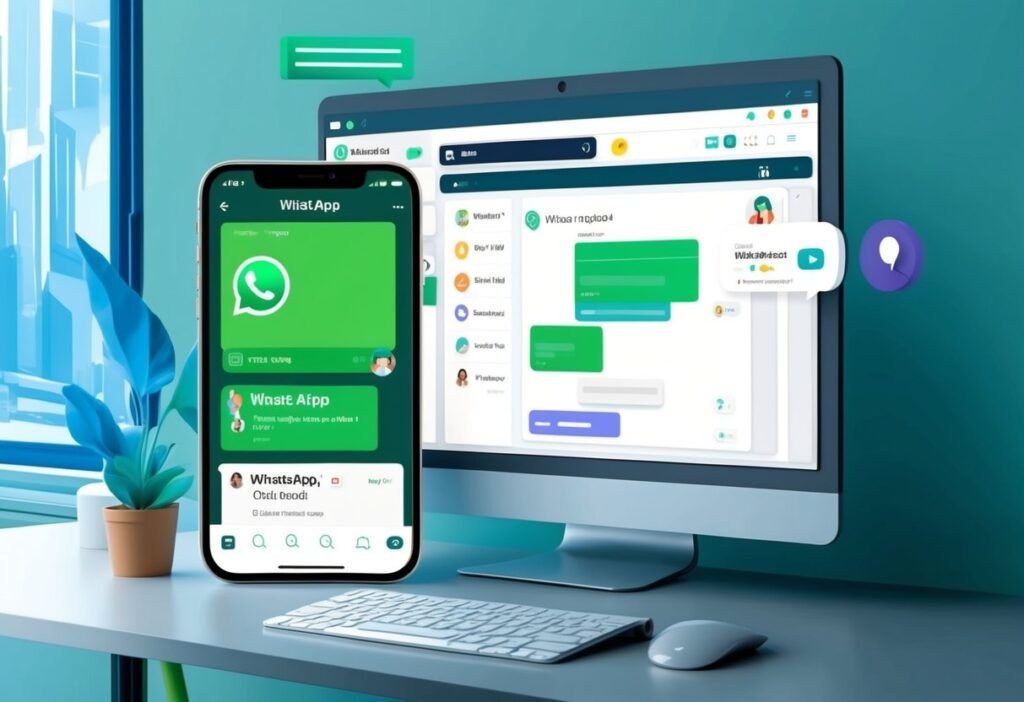 Um smartphone exibindo um thread de chat do WhatsApp integrado perfeitamente a um painel de CRM na tela de um computador