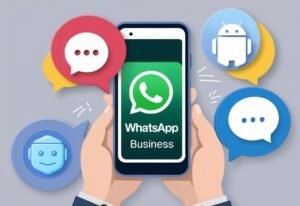 Um smartphone com um logo do WhatsApp Business, cercado por balões de fala e um ícone de chatbot