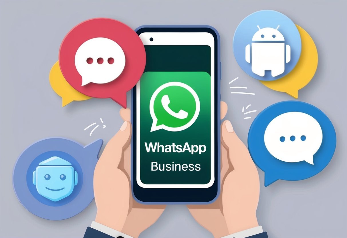 Um smartphone com um logo do WhatsApp Business, cercado por balões de fala e um ícone de chatbot