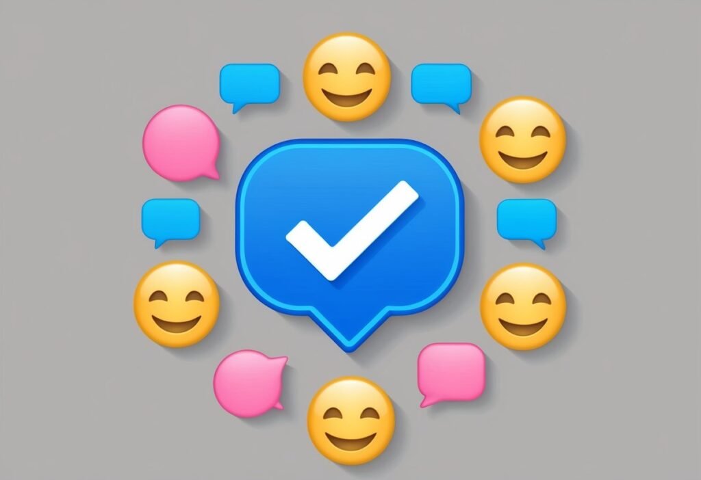 Um ícone de chatbot com uma marca de verificação cercada por emojis de feedback positivo